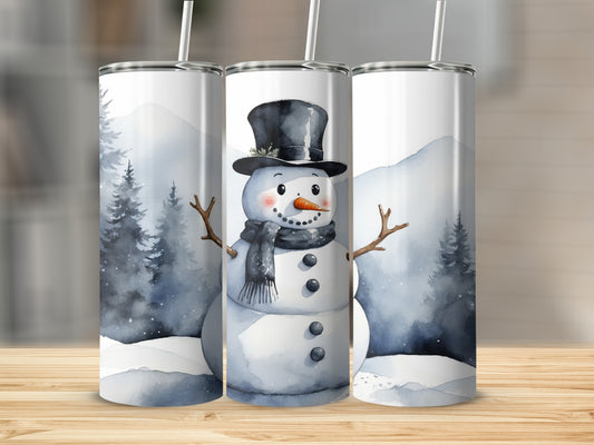Snowman in top hat and scarf with winter forest background.