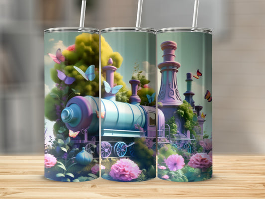 Fantasy train with butterflies and flowers, three tumblers in a row.
