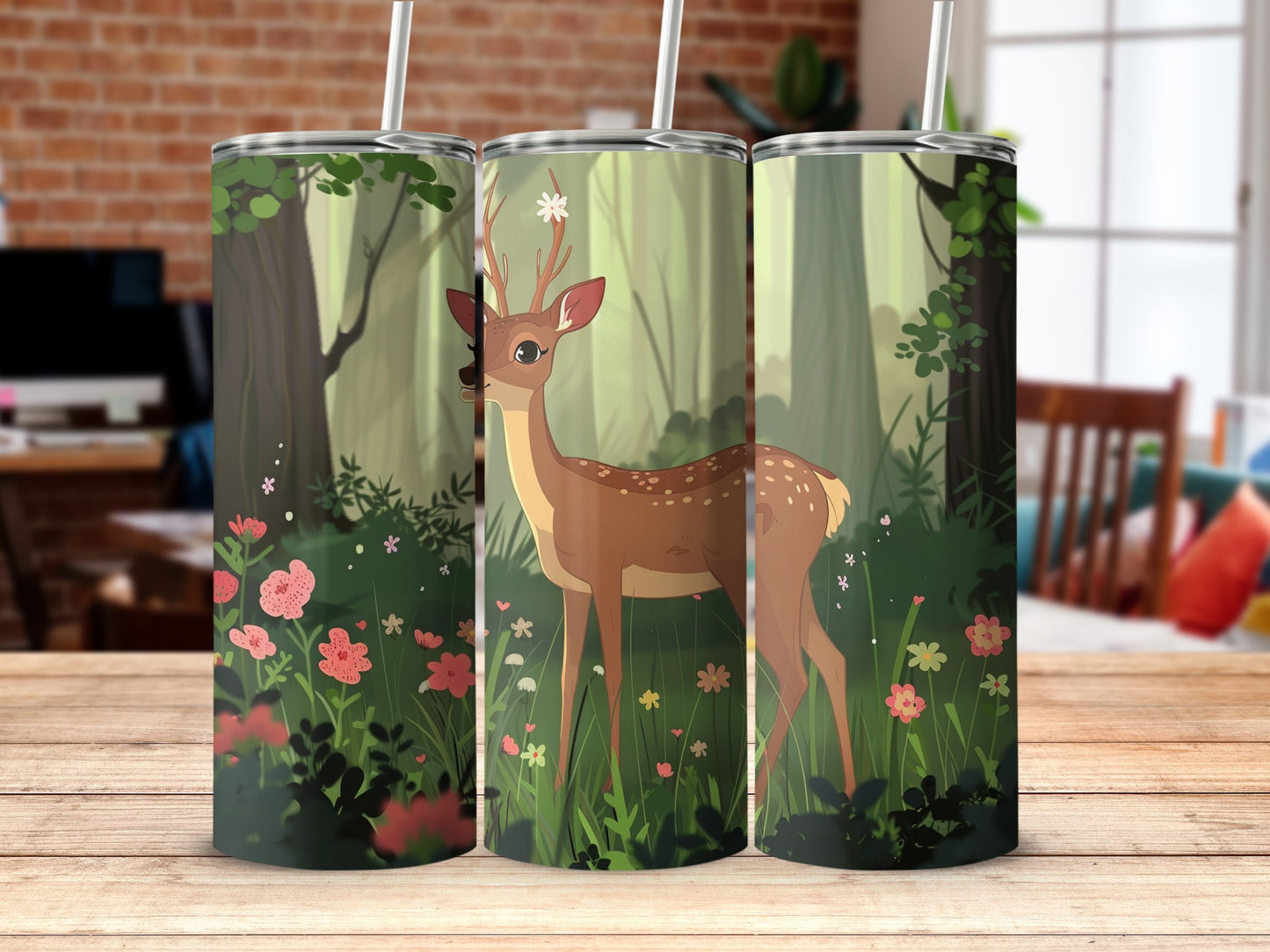 Adorable Deer Forest Scene Flowers Tumbler product type