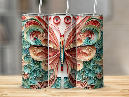 Three quilled paper butterfly tumblers with colorful, swirling designs.