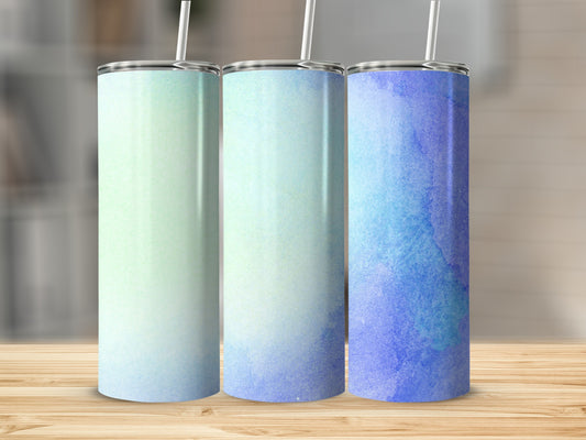 Three tumblers with watercolor gradients from green to blue.