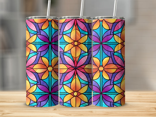 Three tumblers with colorful stained-glass floral patterns.