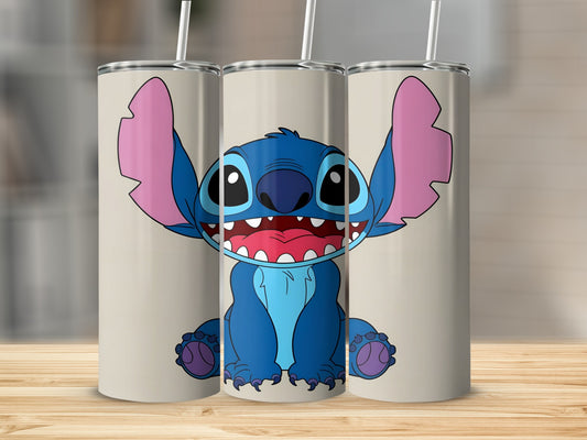 Blue Stitch character sitting, with open mouth, on a light beige background.