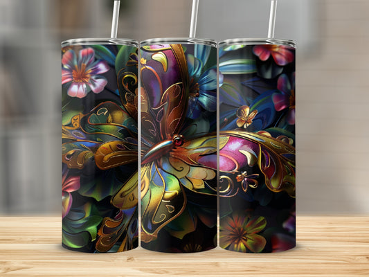 Three tumblers with colorful stained-glass butterfly and floral designs.