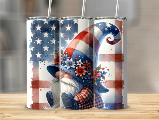 Three patriotic gnomes with American flag hats and plaid clothing.