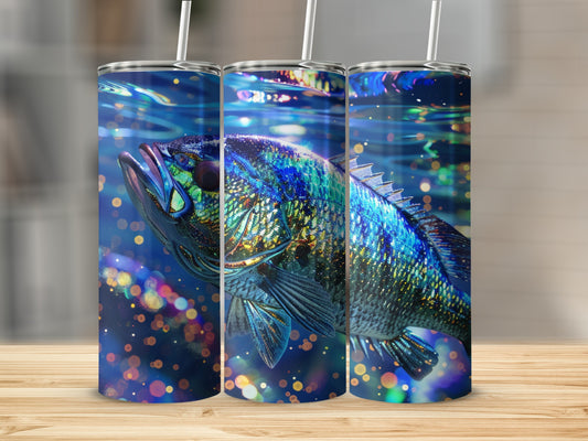 Three tumblers with a shimmering bass fish design, set against a bokeh background.