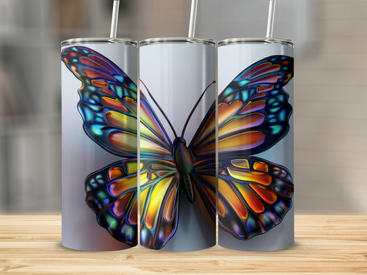 Three tumblers featuring a colorful butterfly design.