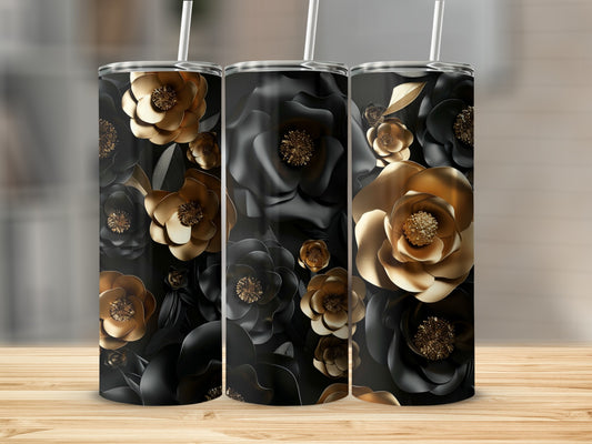 Three tumblers with black and gold floral designs and white straws.