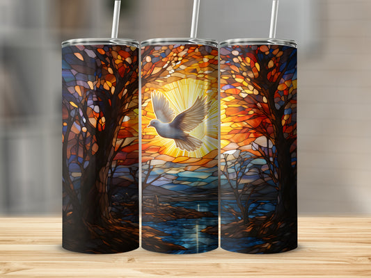 Three tumblers with stained-glass design featuring a dove in sunlight.