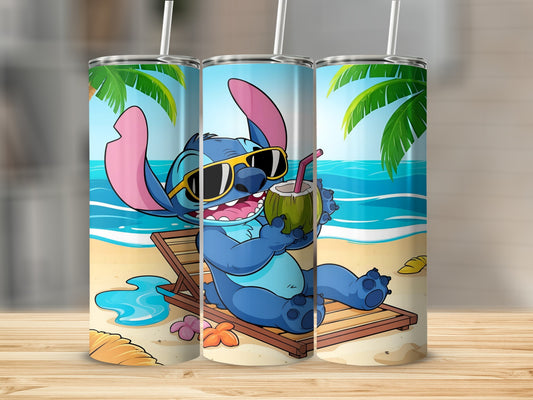 Stitch in sunglasses on a beach with a coconut drink.