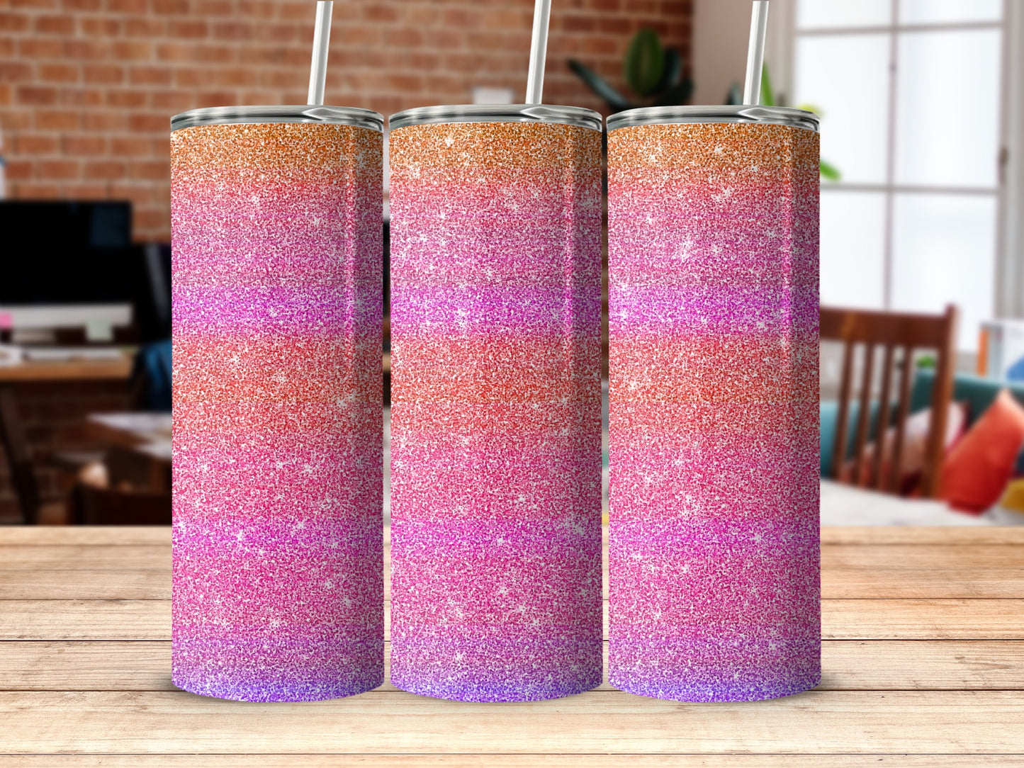 Sparkling Pink and Orange Ombre Tumbler with Straw