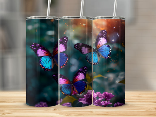 Three tumblers featuring colorful butterflies and floral background.