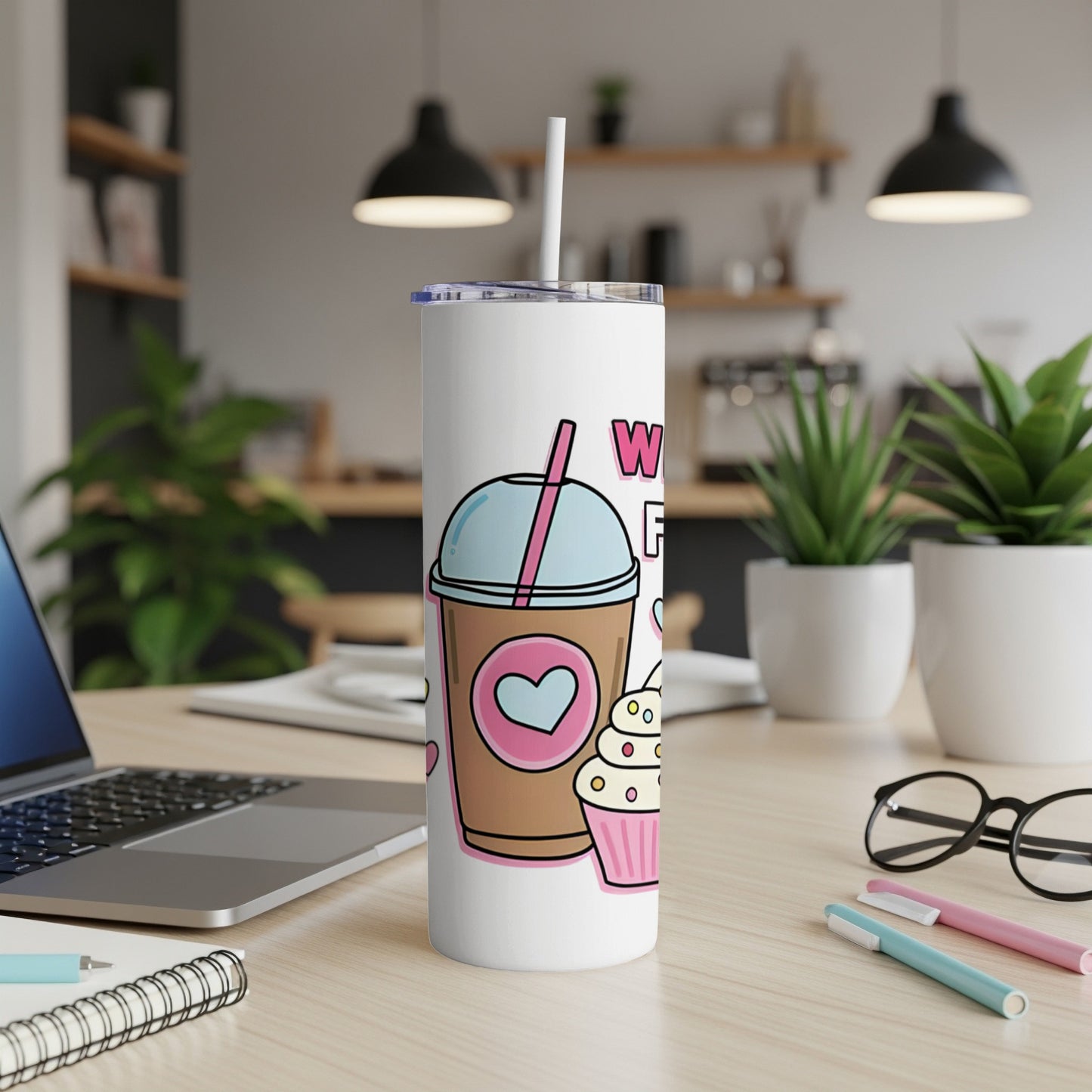 White tumbler with coffee cup, cupcake, and text "What's For Dessert?".