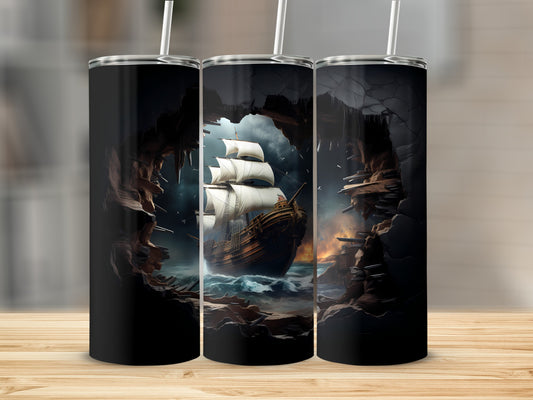 Tall tumbler with sailing ship through rocky archway design.