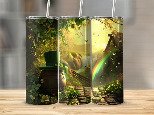 Three tumblers featuring a St. Patrick's Day scene with a leprechaun hat, barrel, and rainbow.