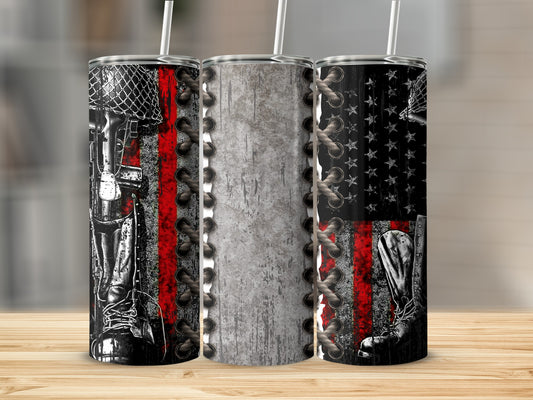 Three tumblers with patriotic designs and military imagery, featuring American flags and boots.