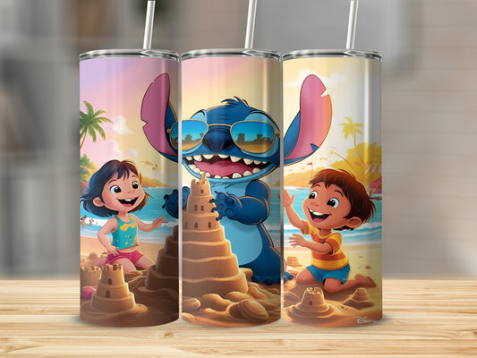 Stitch and children build sandcastles on a beach.