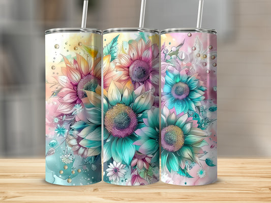 Three tumblers with floral watercolor designs featuring sunflowers.