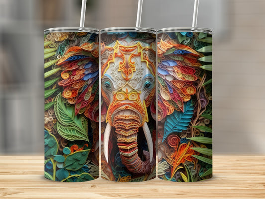 Three tumblers featuring a colorful, ornate elephant design with leafy accents.