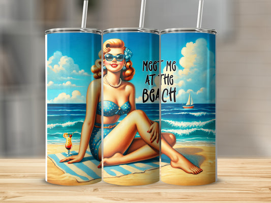 Pin-up girl on beach with cocktail, "Meet Me at the Beach" text.