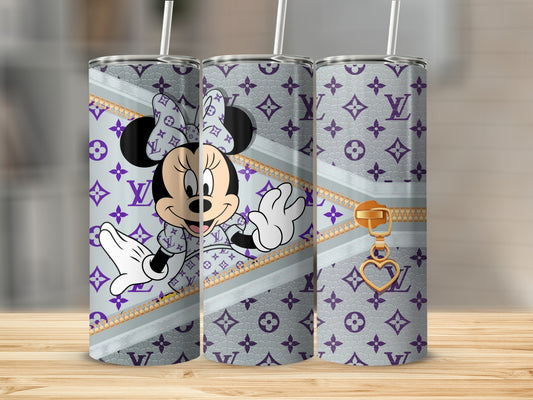 Minnie Mouse on tumbler with LV pattern and zipper detail.