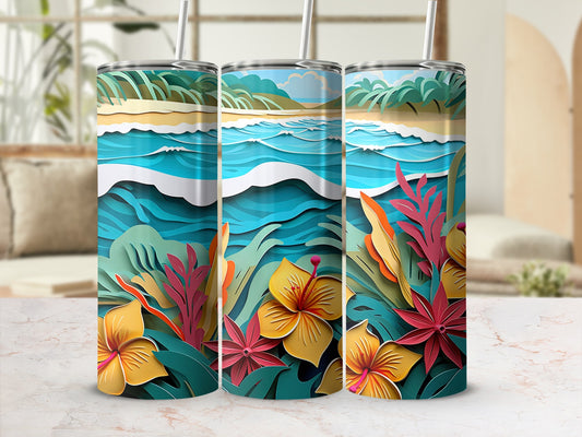 Tropical Beach Scene with Floral Design Tumbler
