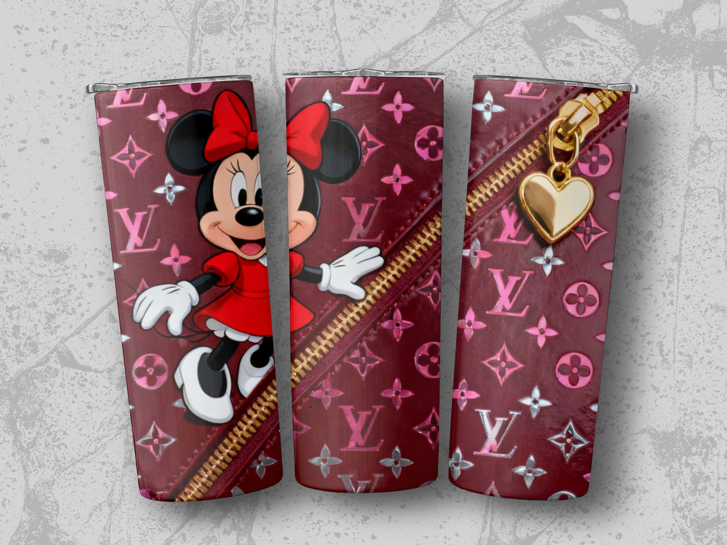 Minnie Mouse on burgundy Louis Vuitton monogram tumbler with gold zipper pull.