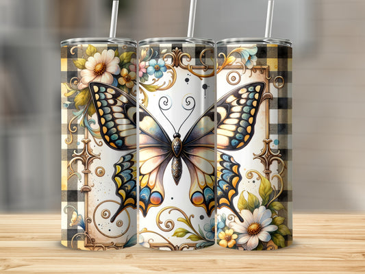 Triptych of tumblers featuring a butterfly and floral pattern on plaid.