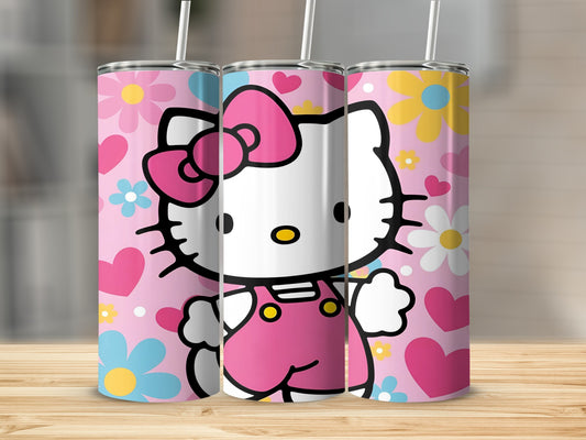Hello Kitty in pink overalls on a pink background with floral patterns.