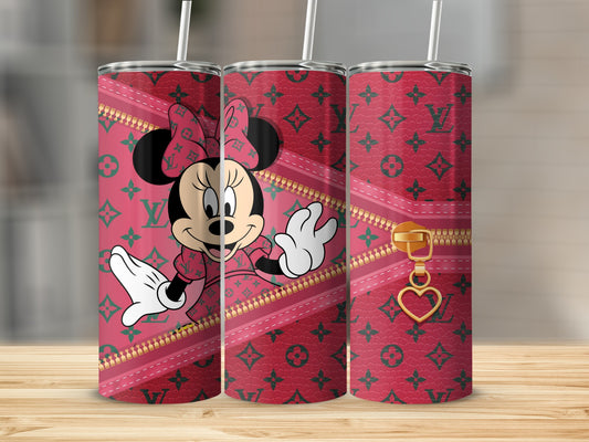 Minnie Mouse on pink background with gold zipper and heart charm.