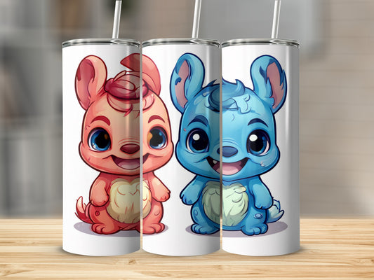 Two cartoon monsters, one pink and one blue, on white tumblers.