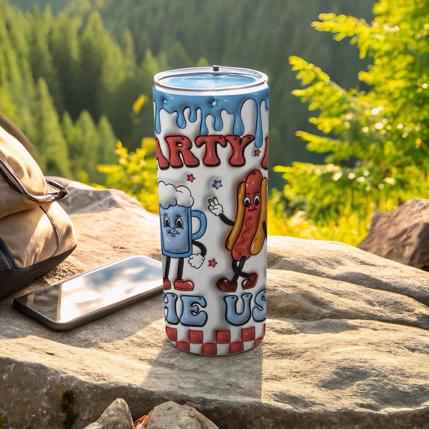 Party in the USA themed tumbler with hot dog and beer characters.