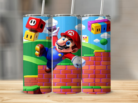 Mario jumping over brick blocks on a colorful game level.