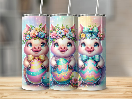 Three cartoon pigs wearing flower crowns hold decorated Easter eggs.