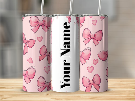Personalized Pink Bow and Hearts Design Tumbler