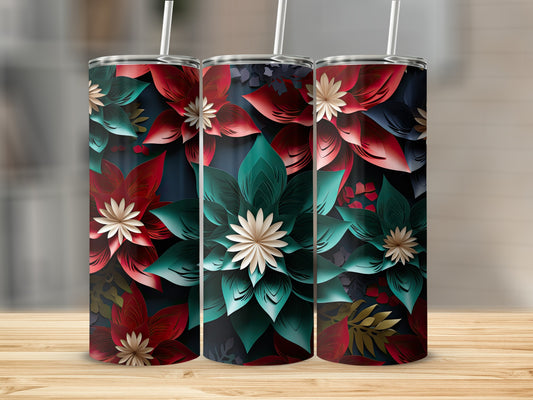 Three tumblers with red and teal floral patterns on a wooden surface.