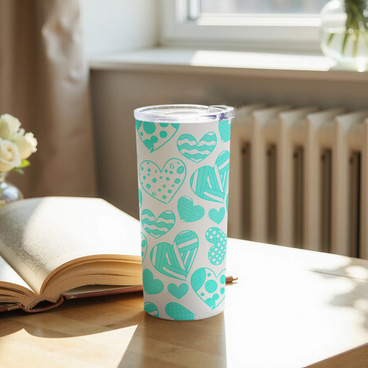 Heart Patterned Turquoise and White Tumbler Cup