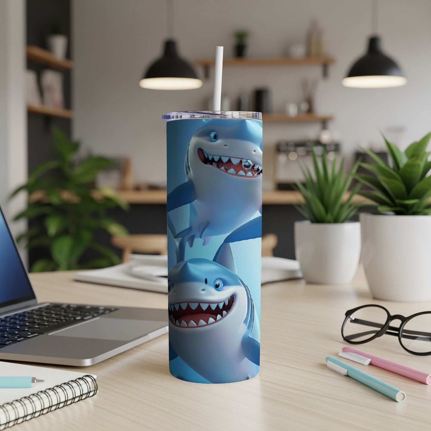 Two cartoon sharks with braces on a blue background, on a tumbler.