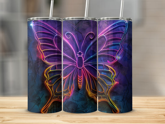 Three tumblers featuring a glowing neon butterfly design on a dark, textured background.