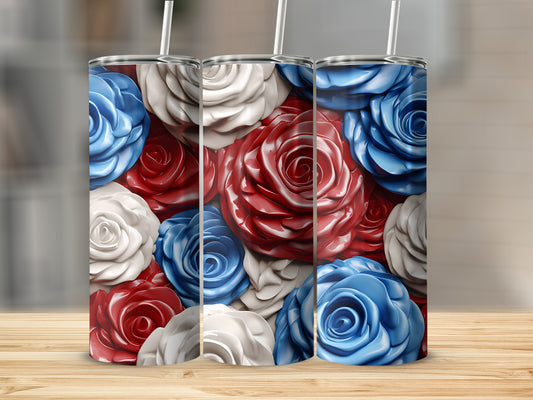 Three tumblers with red, white, and blue rose pattern on wooden surface.