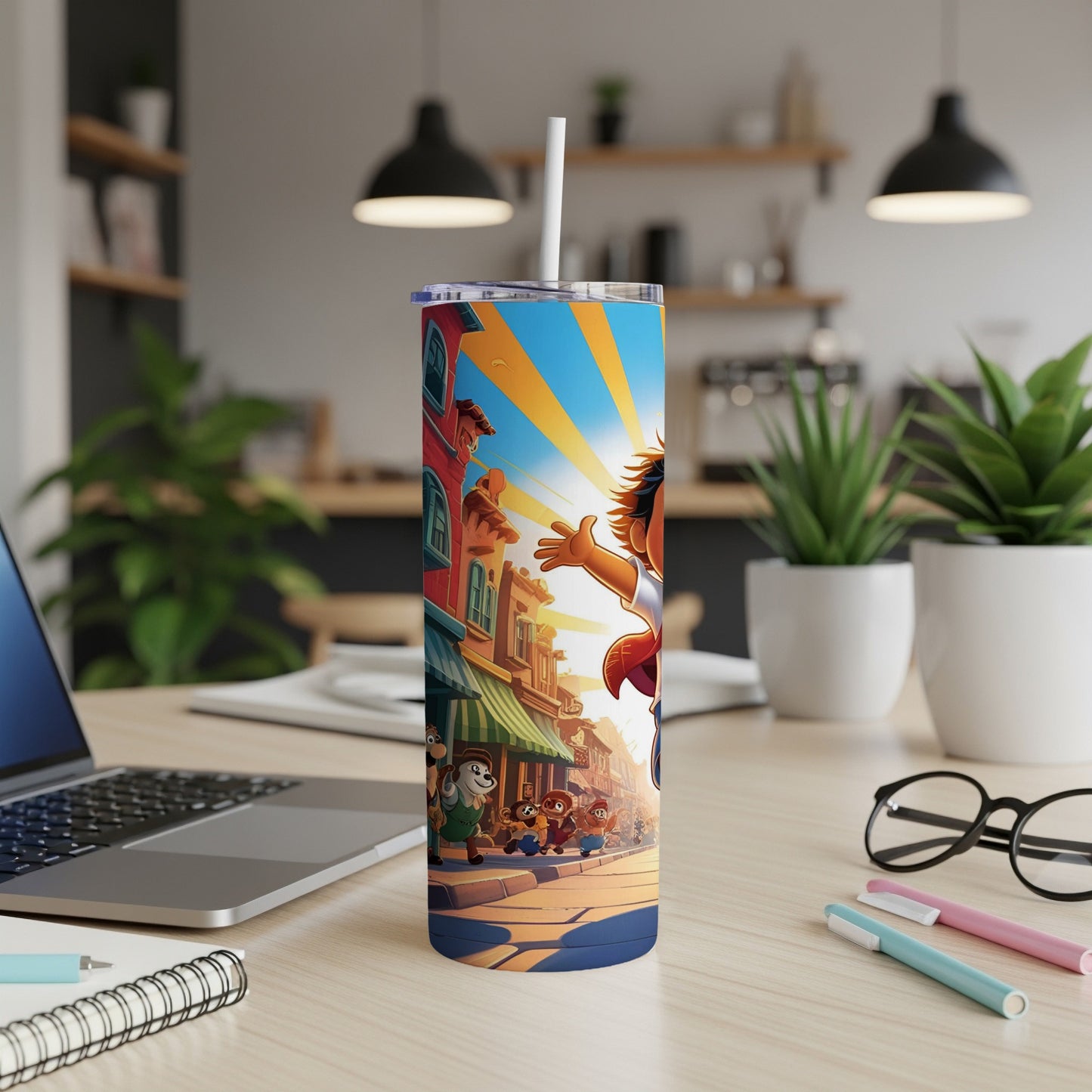 Cartoon character waving on a colorful street scene, printed on a tumbler.