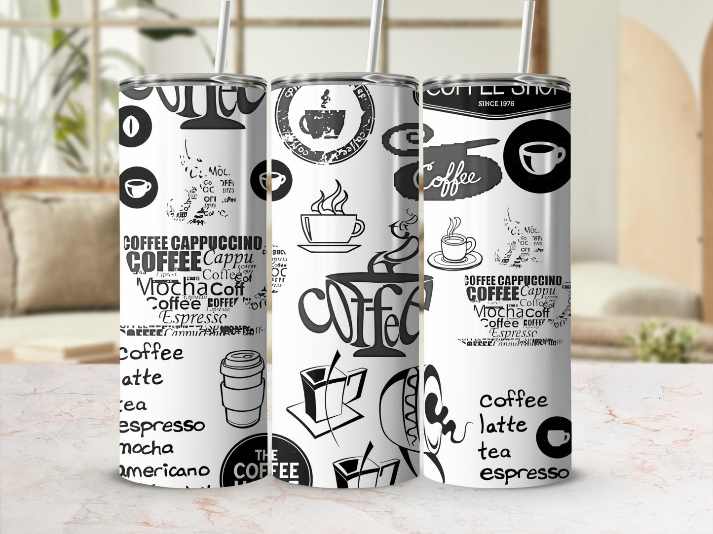 Stylish Coffee-Themed Tumbler with Lid and Straw for Beverages