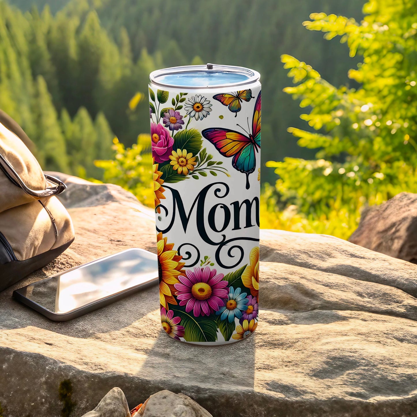 Colorful Butterfly and Flowers Mom Tumbler Cup