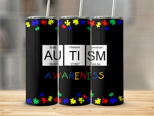 Black tumbler with puzzle pieces and "Autism Awareness" in periodic table style.