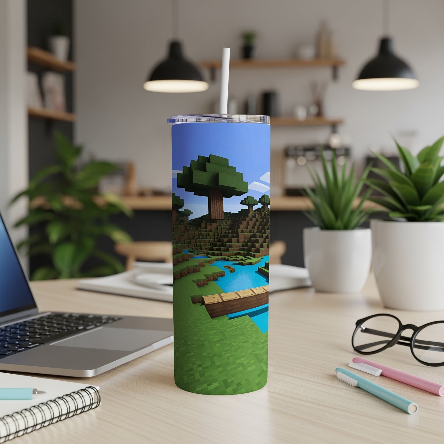 Minecraft themed tumbler with pixelated forest, water, and wooden bridge.