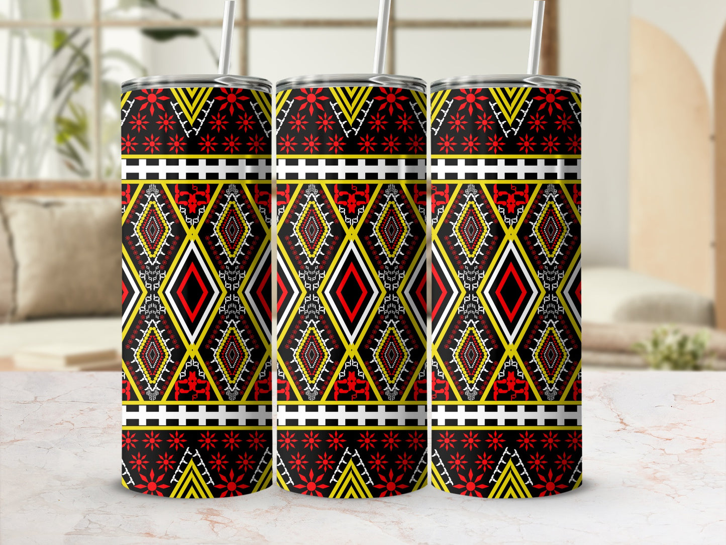 Tribal Pattern Insulated Drink Tumbler with Straw