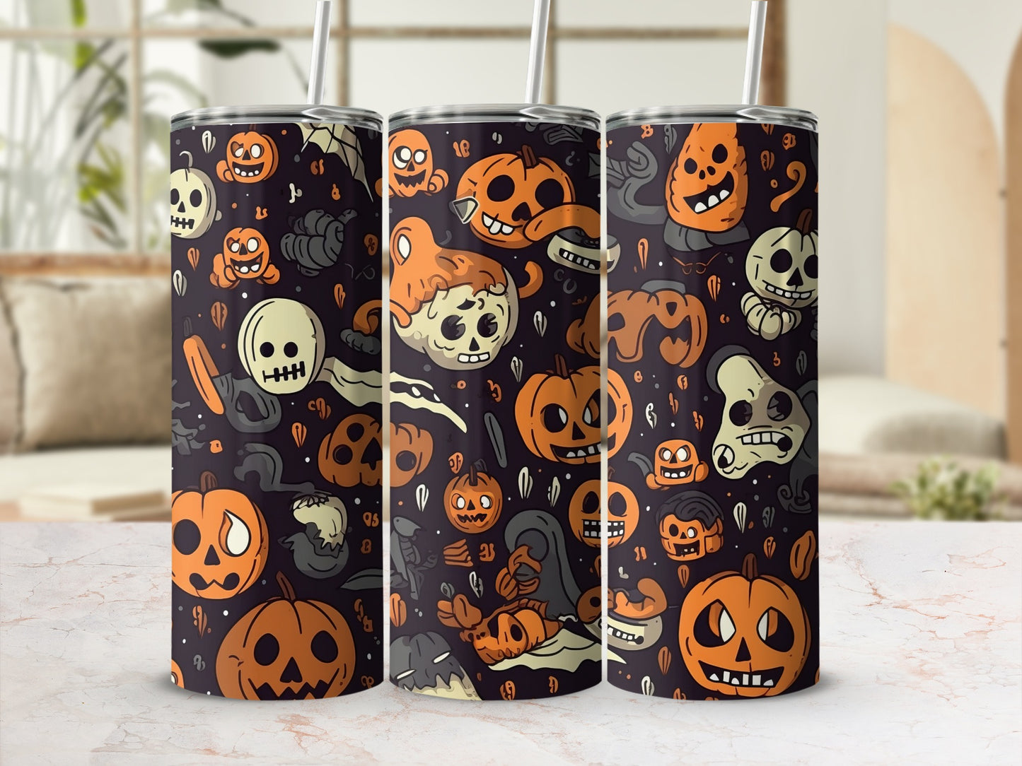 Halloween Pumpkin and Skull Themed Tumbler Cups