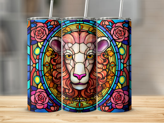 Three tumblers featuring a lion's head surrounded by colorful stained glass and roses.