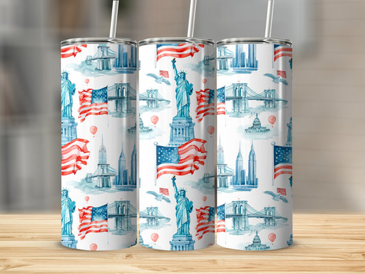 Seamless pattern with American landmarks and flags on tumblers.