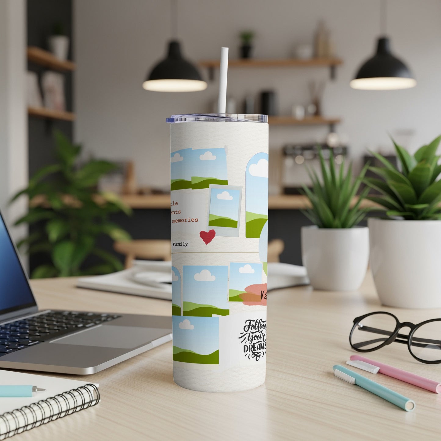 Tumbler with collage of landscape photos, family text, and "Follow your dreams" quote.